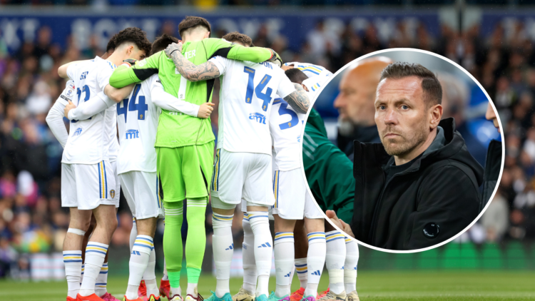Leeds squad in a huddle from this season, with an insert of Craig Bellamy