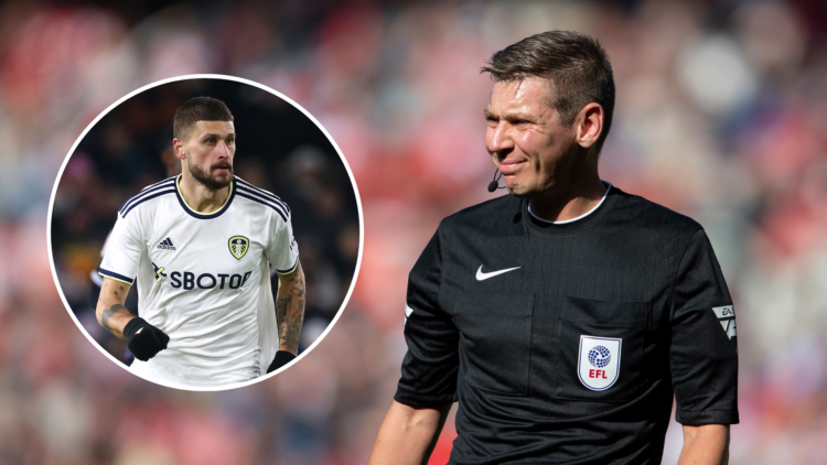 Matthew Donohue refereeing and an insert of Mateusz Klich in a Leeds shirt