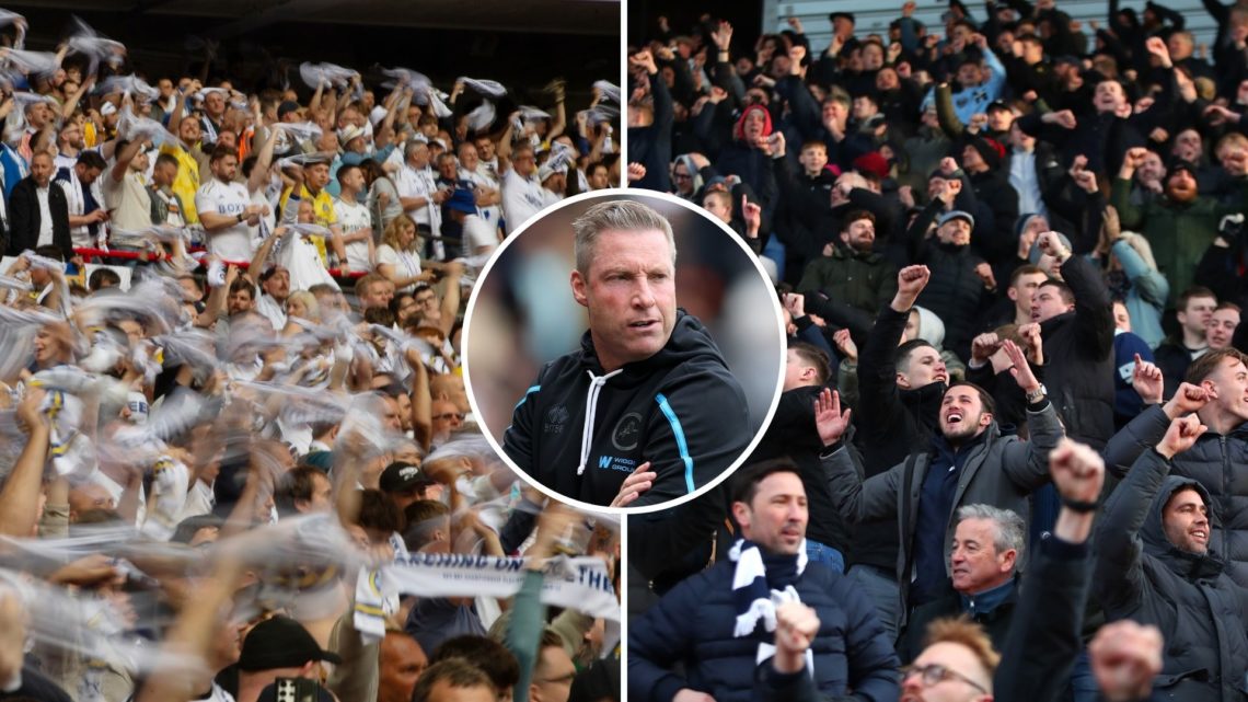 Split image of Leeds fans and Millwall fans. Inset, Neil Harris of Millwall.