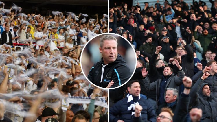 Split image of Leeds fans and Millwall fans. Inset, Neil Harris of Millwall.