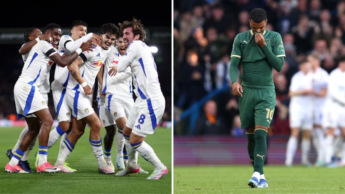 Split image of Leeds United players celebrating, and a dejected Plymouth Argyle player.