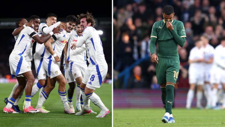 Split image of Leeds United players celebrating, and a dejected Plymouth Argyle player.