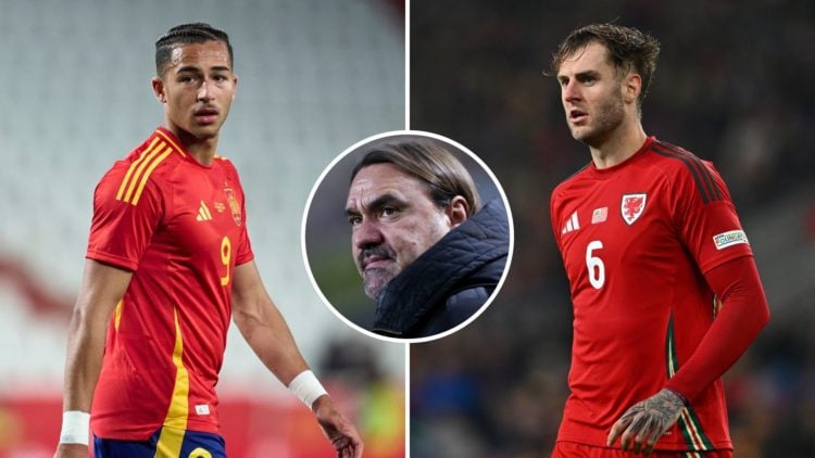 Mateo Joseph of Spain and Joe Rodon of Wales. Inset, Daniel Farke.