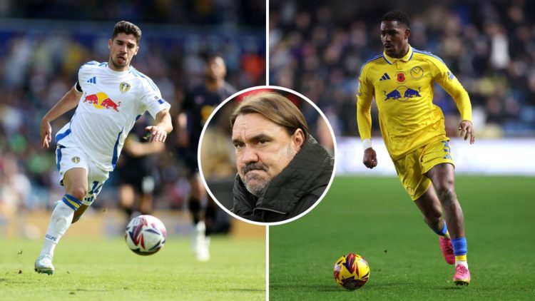 Manor Solomon and Junior Firpo playing for Leeds, with an insert of Daniel Farke