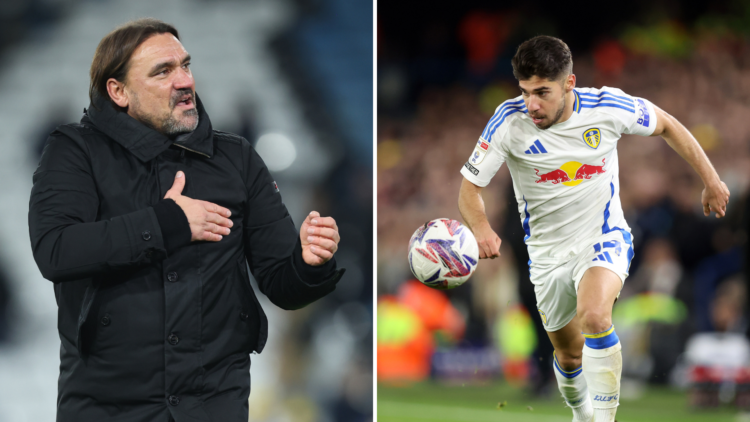 Split of Solomon in a Leeds football kit chasing a football (R) and Farke (L)