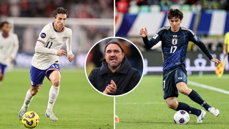 Split image of Brenden Aaronson and Ao Tanaka, with Daniel Farke inset.
