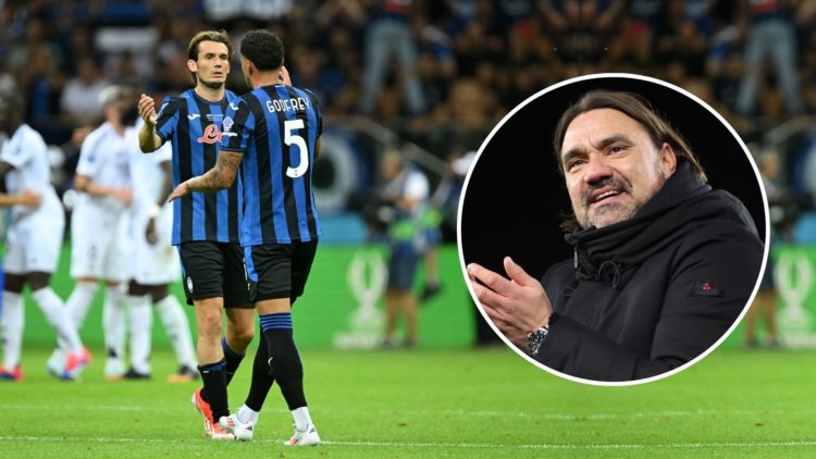 Marten de Roon of Atalanta BC, Ben Godfrey of Atalanta BC balen tijdens de UEFA Super Cup tussen Real Madrid CF en Atalanta BC. Inset, Daniel Farke.