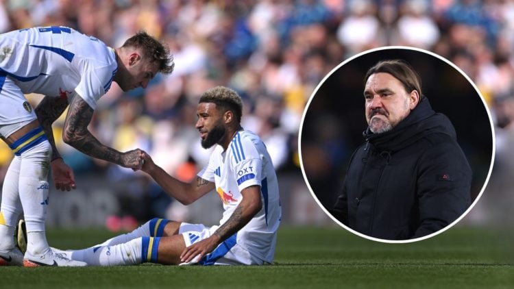 Jayden Bogle of Leeds United is helped up by team mate Joe Rodon before leaving the fiweld with an injury. Inset, Daniel Farke.