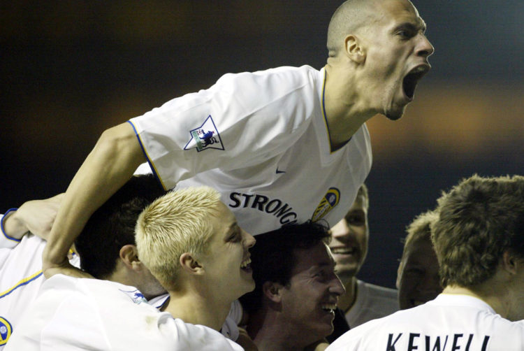 6 Mar 2002:  Rio Ferdinand (top)of Leeds congratulates Robbie Fowler (centre) on scoring during the Leeds United v Ipswich Town FA Barclaycard Prem...