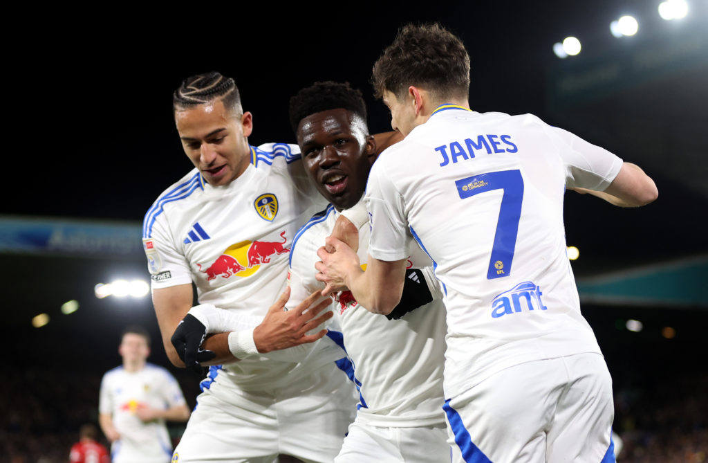 Mateo Joseph, Dan James and Willy Gnonto celebrate as Leeds score against Middlesbrough.