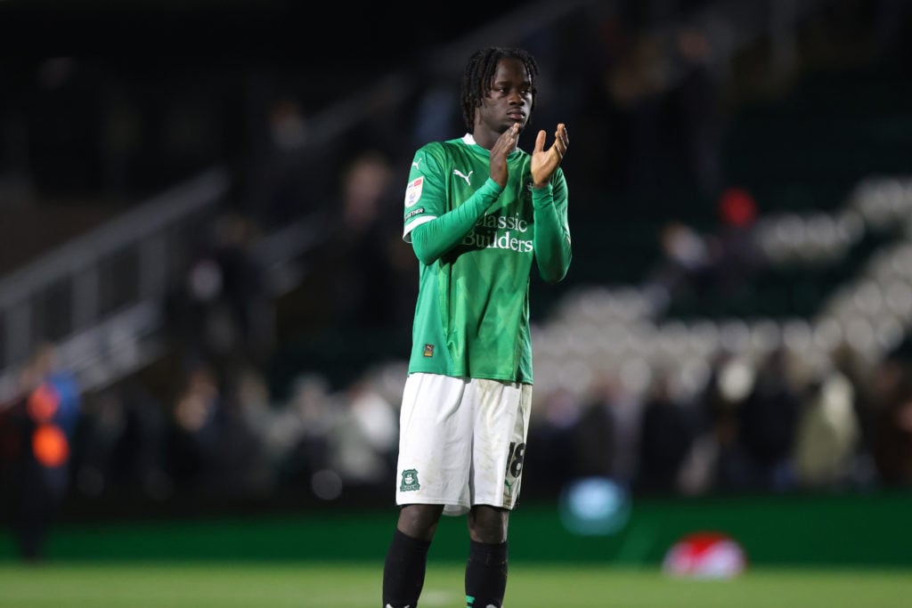 Darko Gyabi in action for loan side Plymouth.