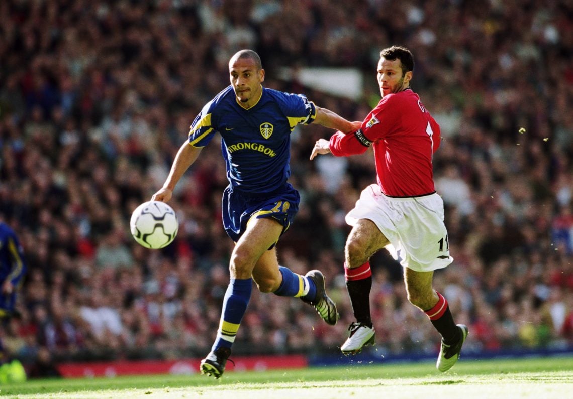 28 Oct 2001:  Rio Ferdinand of Leeds gets the better of Man Utd's Ryan Giggs during the FA Barclaycard Premiership match between Manchester United ...