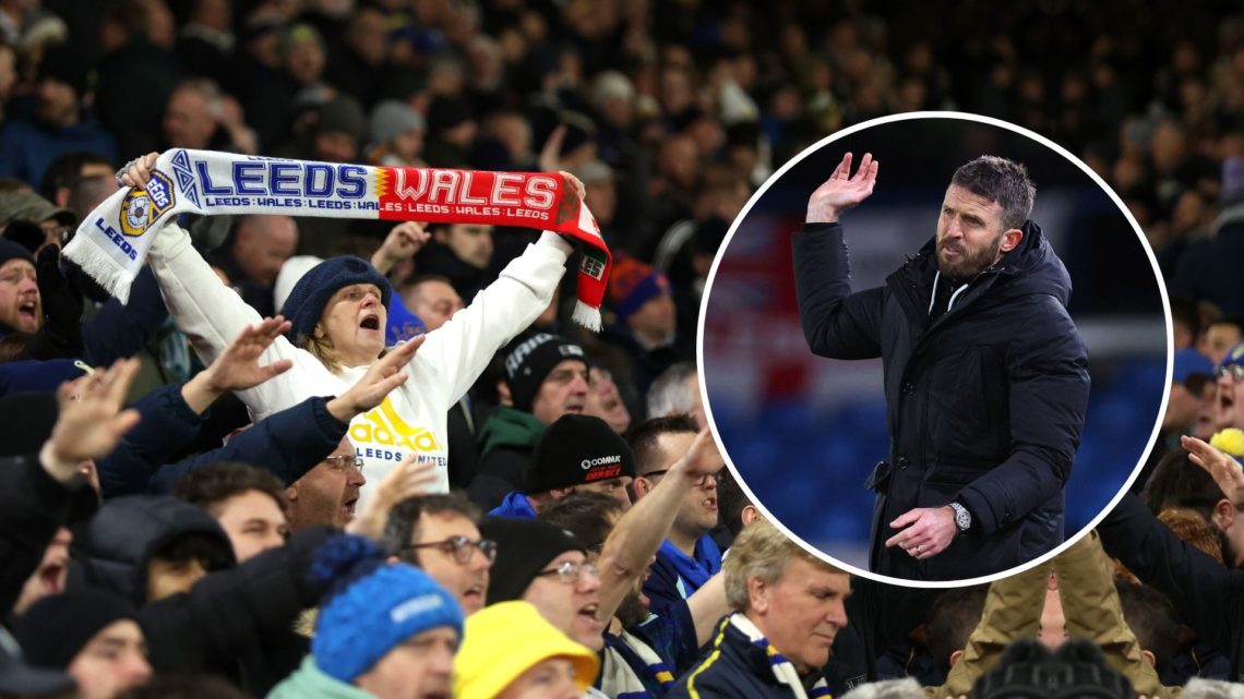 Leeds United fans. Inset, Michael Carrick.