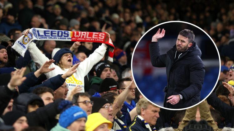 Leeds United fans. Inset, Michael Carrick.