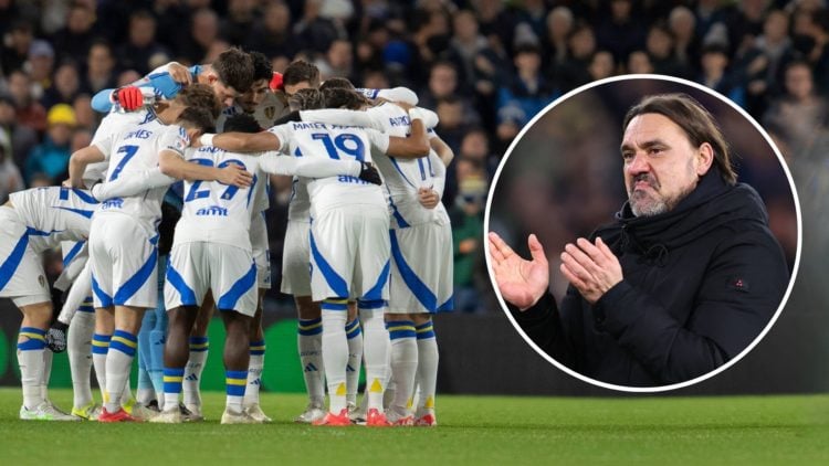 Leeds United team huddle. Inset, Daniel Farke.