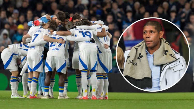 Leeds United's players huddle before the Sky Bet Championship match between Leeds United and Middlesbrough at Elland Road. Inset, Carlton Palmer.