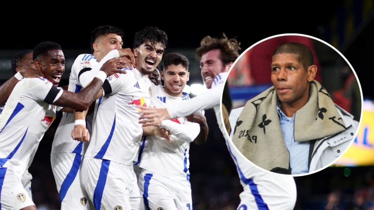 Pascal Struijk of Leeds United celebrates scoring his team's first goal with teammates during the Sky Bet Championship match between Leeds United F...