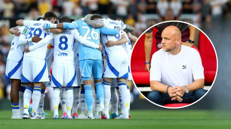 Leeds United team huddle. Inset, Rouven Schroeder.