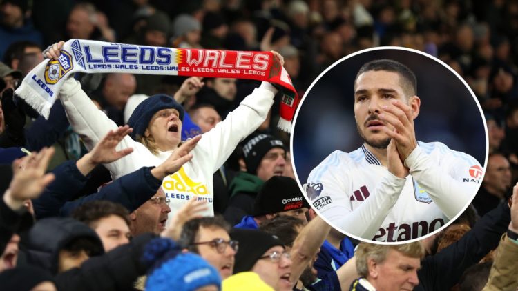 Leeds fans with an insert of Emi Buendia