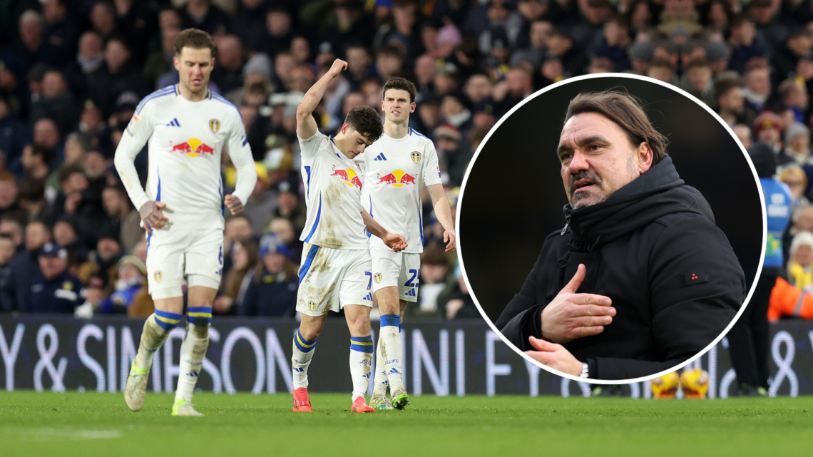 Leeds players with an inset of Daniel Farke