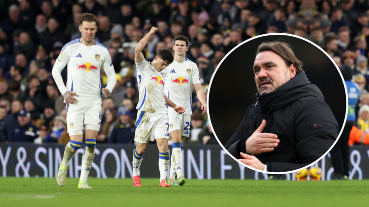 Leeds players with an inset of Daniel Farke