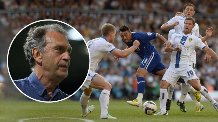 Gary Roberts of Chesterfield gets a shot past David Norris and Aidan White of Leeds during the Capital One Cup First Round match. Inset, Massimo Ce...
