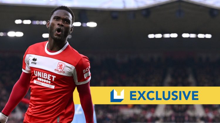 Emmanuel Latte Lath of Middlesbrough celebrates after scoring the first goal during the Sky Bet Championship match between Middlesbrough FC and Car...