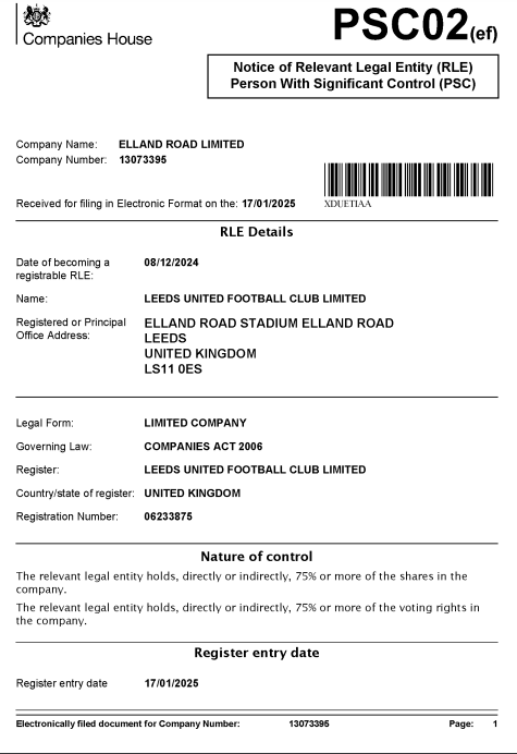 Screenshot of Elland Road Companies House filing on behalf of Leeds United