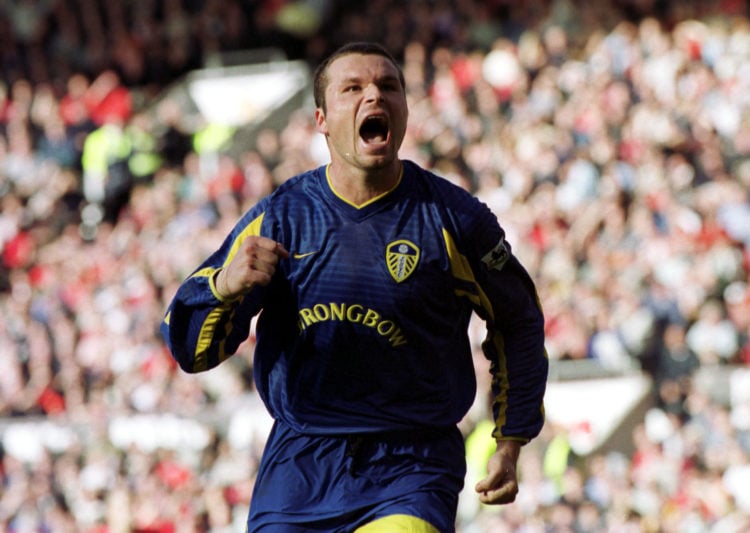 27 Oct 2001:  Mark Viduka of Leeds celebrates scoring during the match between Manchester United and Leeds United in the FA Barclaycard Premiership...