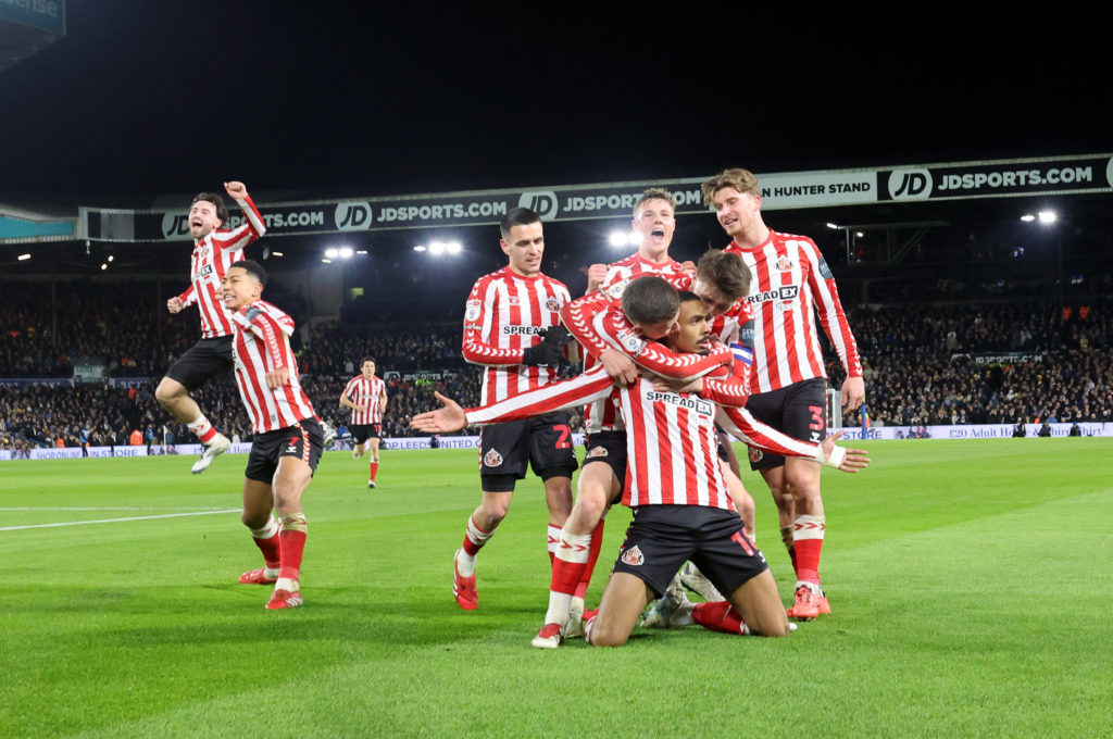 Wilson Isidor of Sunderland scores the opening goal and celebrates during the Sky Bet Championship match against Leeds United.