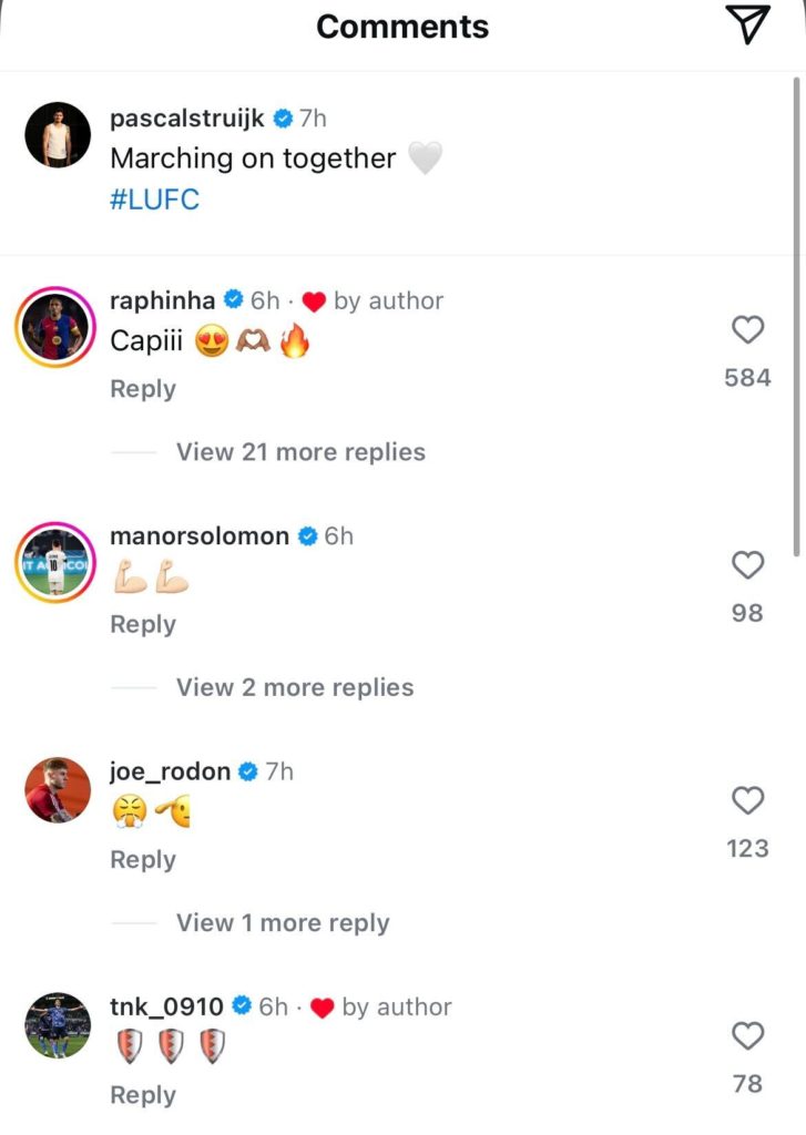 Raphinha and Leeds players comment on Pascal Struijk's Instagram after win over Sheffield United.