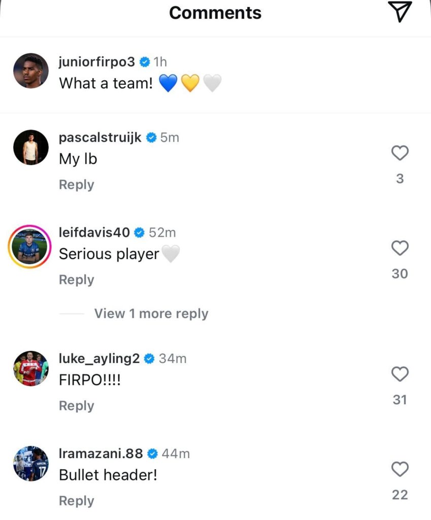 Leif Davis, Luke Ayling and Leeds players comment on Junior Firpo's Instagram after win over Sheffield United.