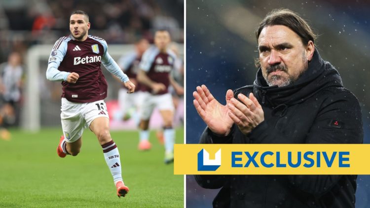 Split image of Daniel Farke and Emi Buendia. Overlaid, exclusive banner.