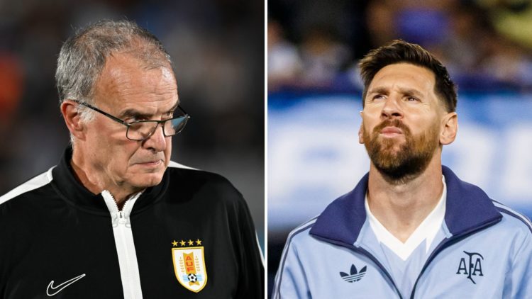 A split image of Marcelo Bielsa, Head Coach of Uruguay looks on prior to the South of American FIFA World Cup 2026 Qualifier match between Uruguay ...