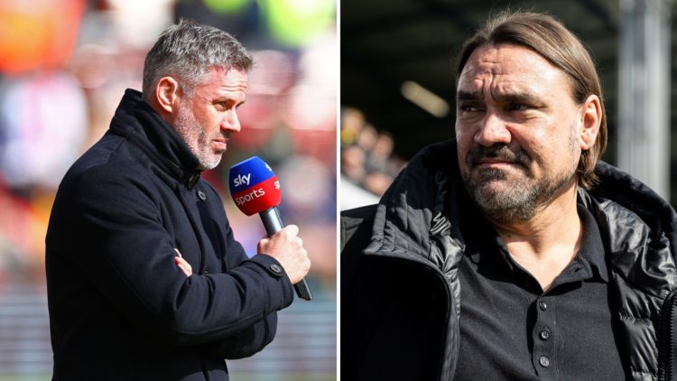 A split image of Jamie Carragher looks on ahead of the Premier League match between Liverpool FC and Brighton & Hove Albion. Daniel Farke, manager ...
