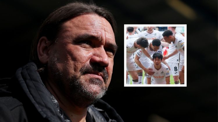 Daniel Farke looks on. Inset: Swansea City players celebrate.