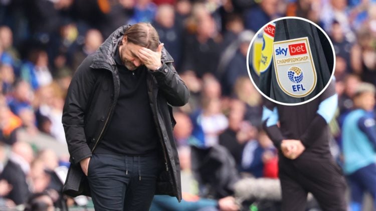 Daniel Farke, the Leeds United manager, is holding his head in his hand during the SkyBet Championship match between Leeds United and Blackburn Rov...