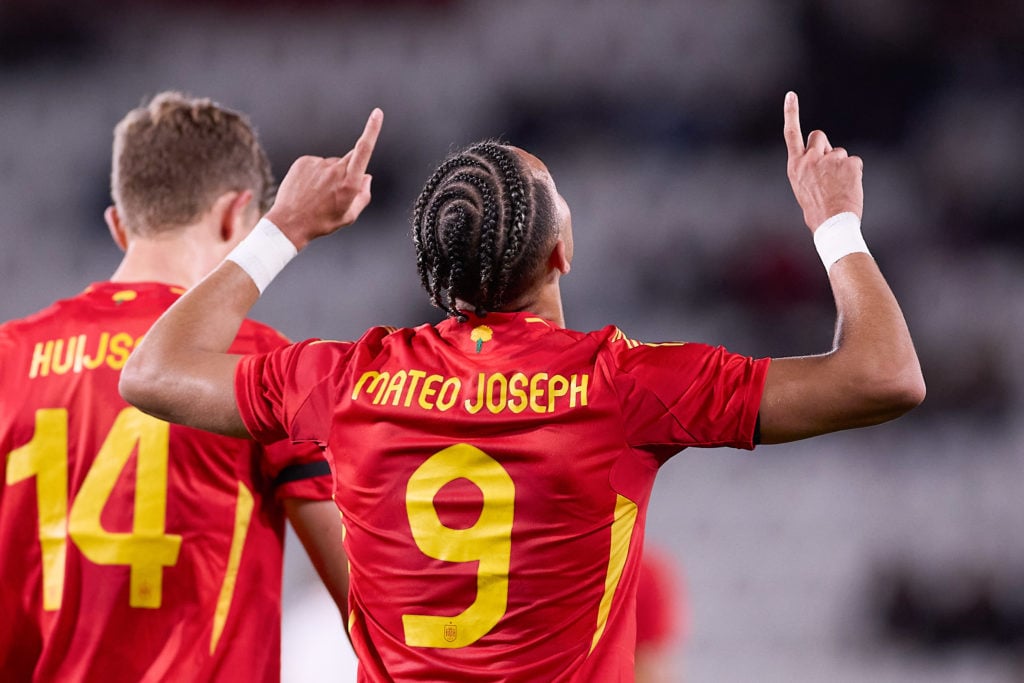 Mateo Joseph Fernandez of Spain U21 celebrates a goal during