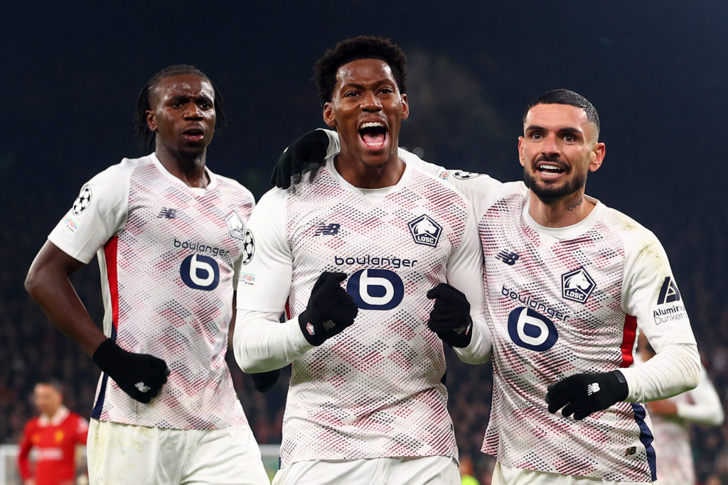 Jonathan David celebrates as Lille score against Liverpool.
