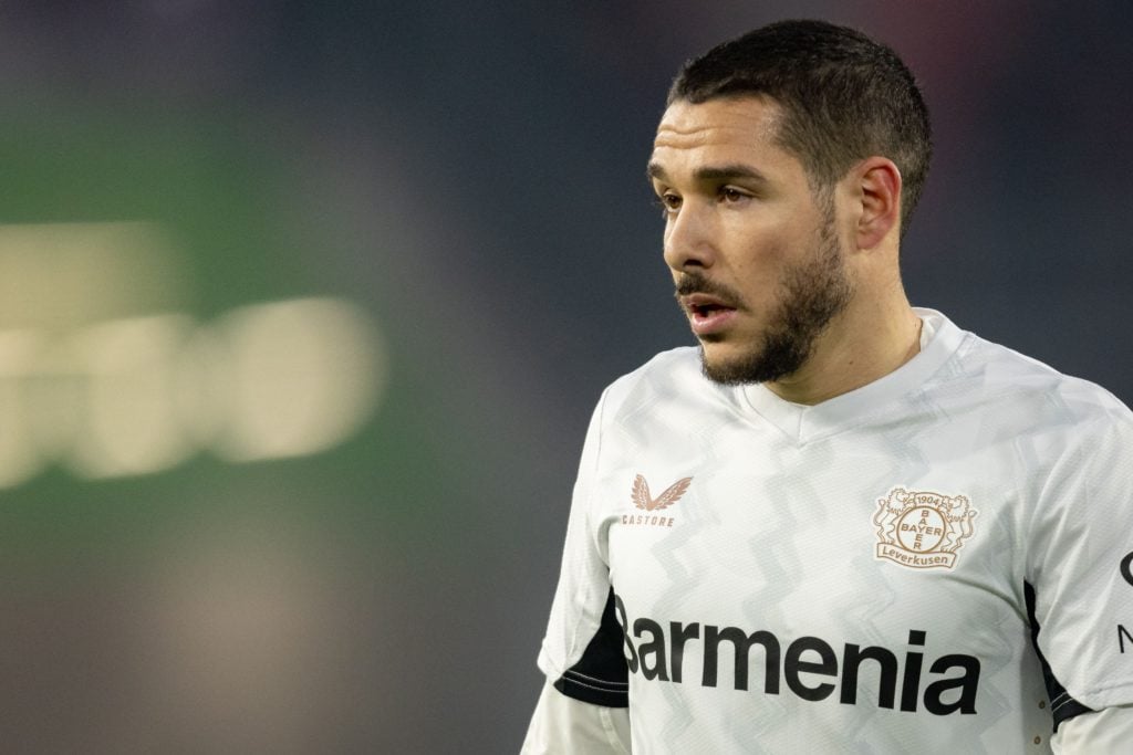 Emi Buendia in action for Bayer Leverkusen during his loan spell.