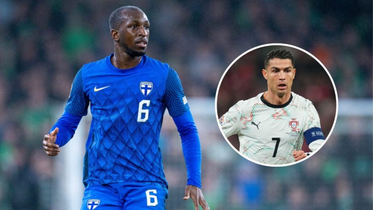 Glen Kamara of Finland during the Republic of Ireland vs. Finland UEFA Nations League match at Aviva Stadium, with an inset featuring Cristiano Ron...