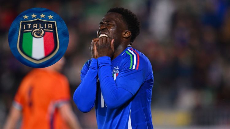Wilfried Gnonto of Italy U21 during the U21 international friendly match between U21 Italy and U21 Netherlands. Inset, The Italy badge on their fir...