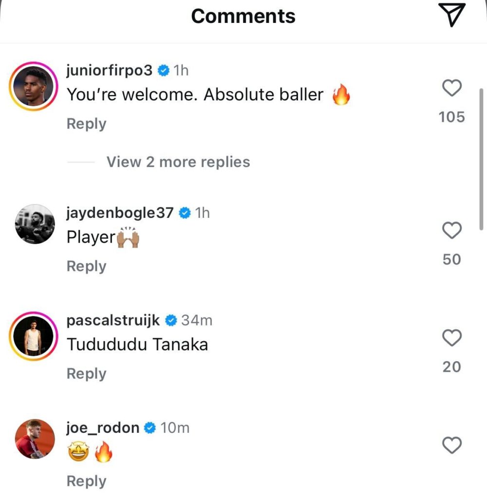 Junior Firpo, Jayden Bogle and other Leeds players comment on Ao Tanaka's Instagram after he scored against Millwall.