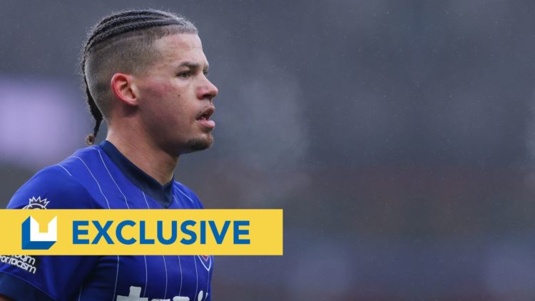 Kalvin Phillips of Ipswich Town during the Premier League match between Aston Villa FC and Ipswich Town FC. Overlaid, the Leeds United News exclusi...