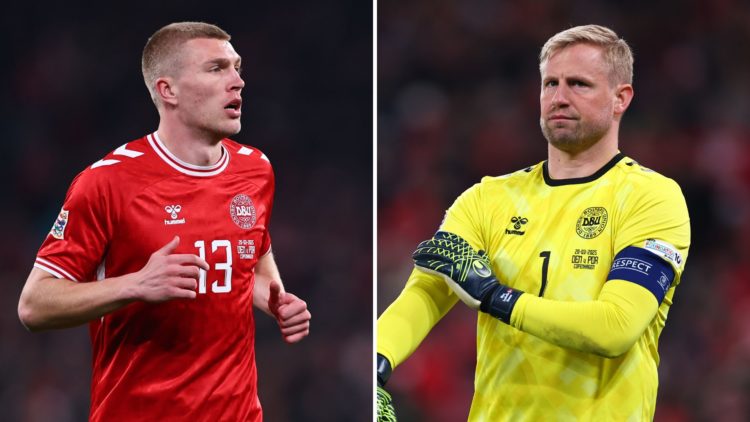 Rasmus Kristensen of Denmark during the UEFA Nations League quarterfinal leg one match between Denmark and Portugal, and Kasper Schmeichel of Denma...