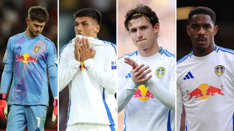 Split images of Leeds United goalkeeper Illan Meslier shows dejection during the Sky Bet Championship match between Sunderland, Joel Piroe of Leeds...