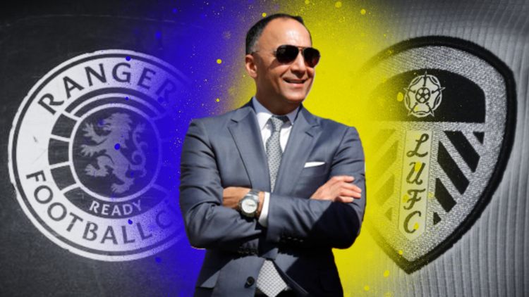 49ers president Paraag Marathe superimposed over black and white images of the Leeds United and Rangers badges