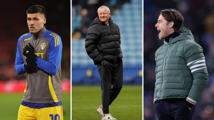 A split image of Joel Piroe (Leeds United) stands before the Sky Bet Championship match between Sheffield United and Leeds United. Sheffield United...