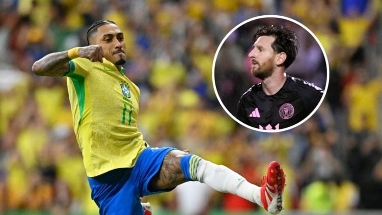 Main image, Raphinha of Brazil celebrates after scoring his team's first goal during the South American FIFA World Cup 2026 Qualifier match between...