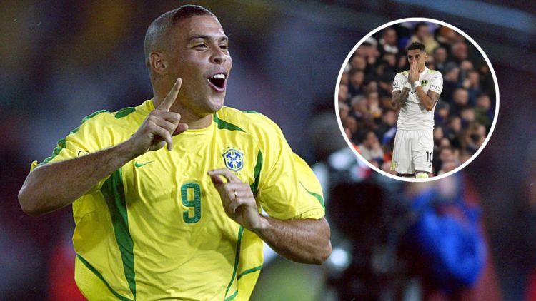 Main image, Ronaldo of Brazil celebrates during the FIFA World Cup Final Match 2002 match between Germany and Brazil at International Stadium Yokoh...